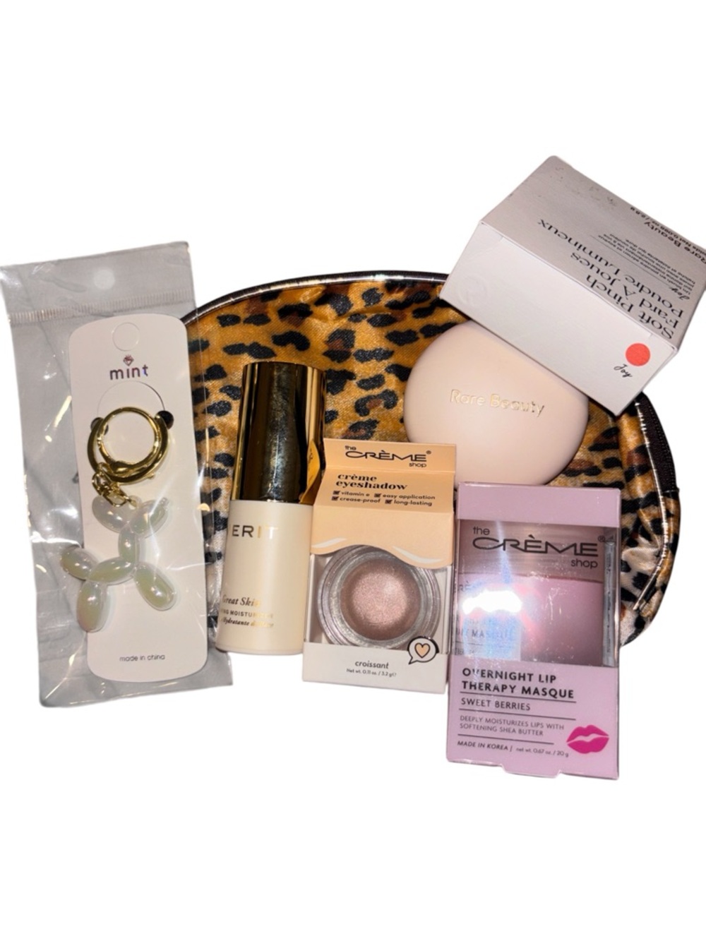 Rare Beauty Merit Bundle Joy Blush Priming Serum Lip Mask Leopard Bag Set NWT